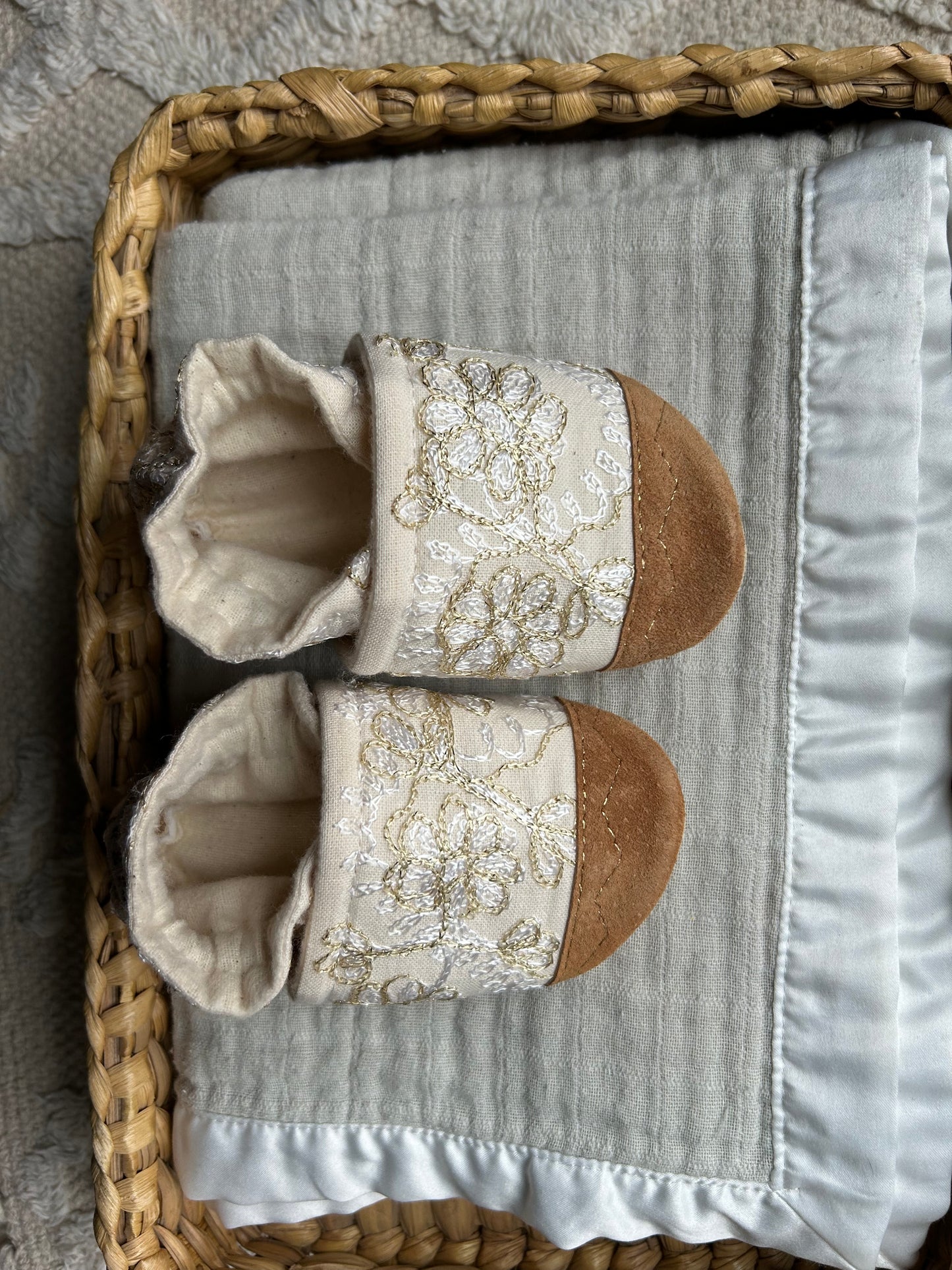 golden floral embroidery soft soled baby shoes - upcycled