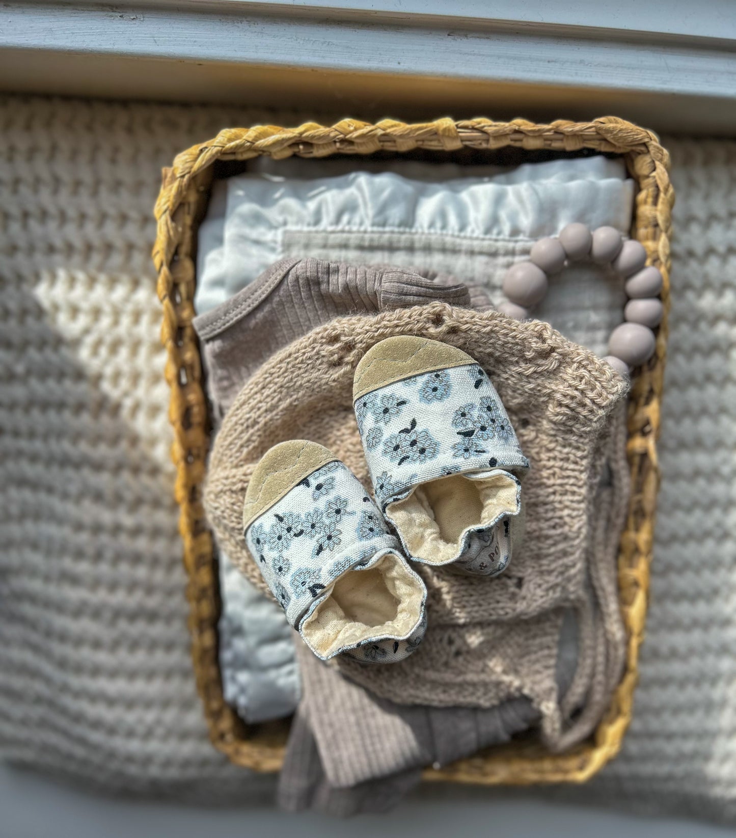 blue floral soft soled baby shoes