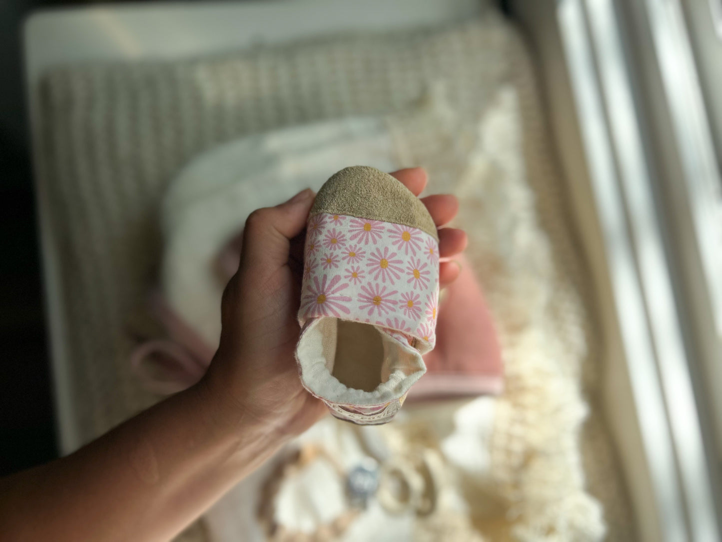 pink daisy soft soled baby shoes - upcycled