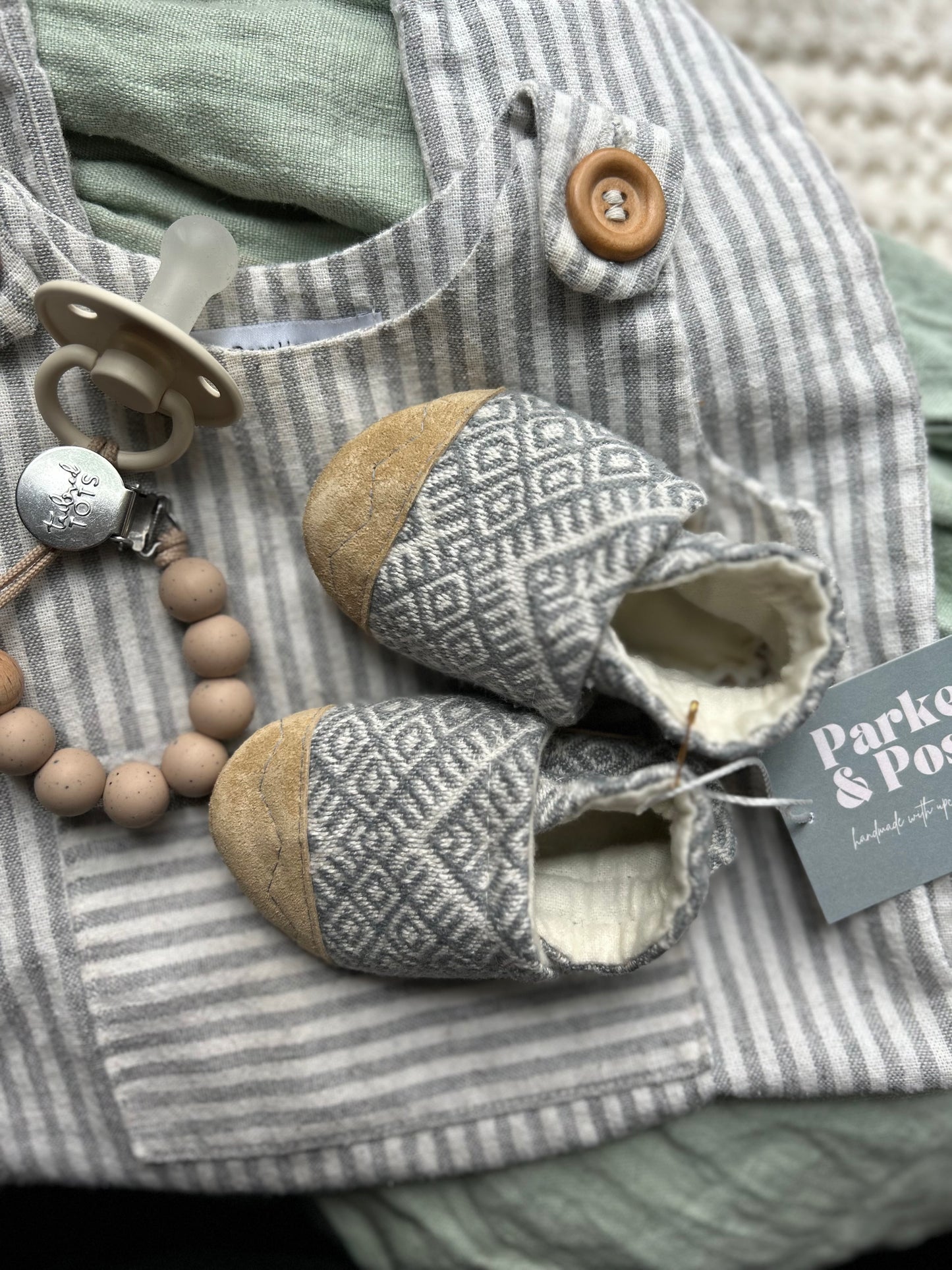 blue woven soft soled baby shoes - upcycled