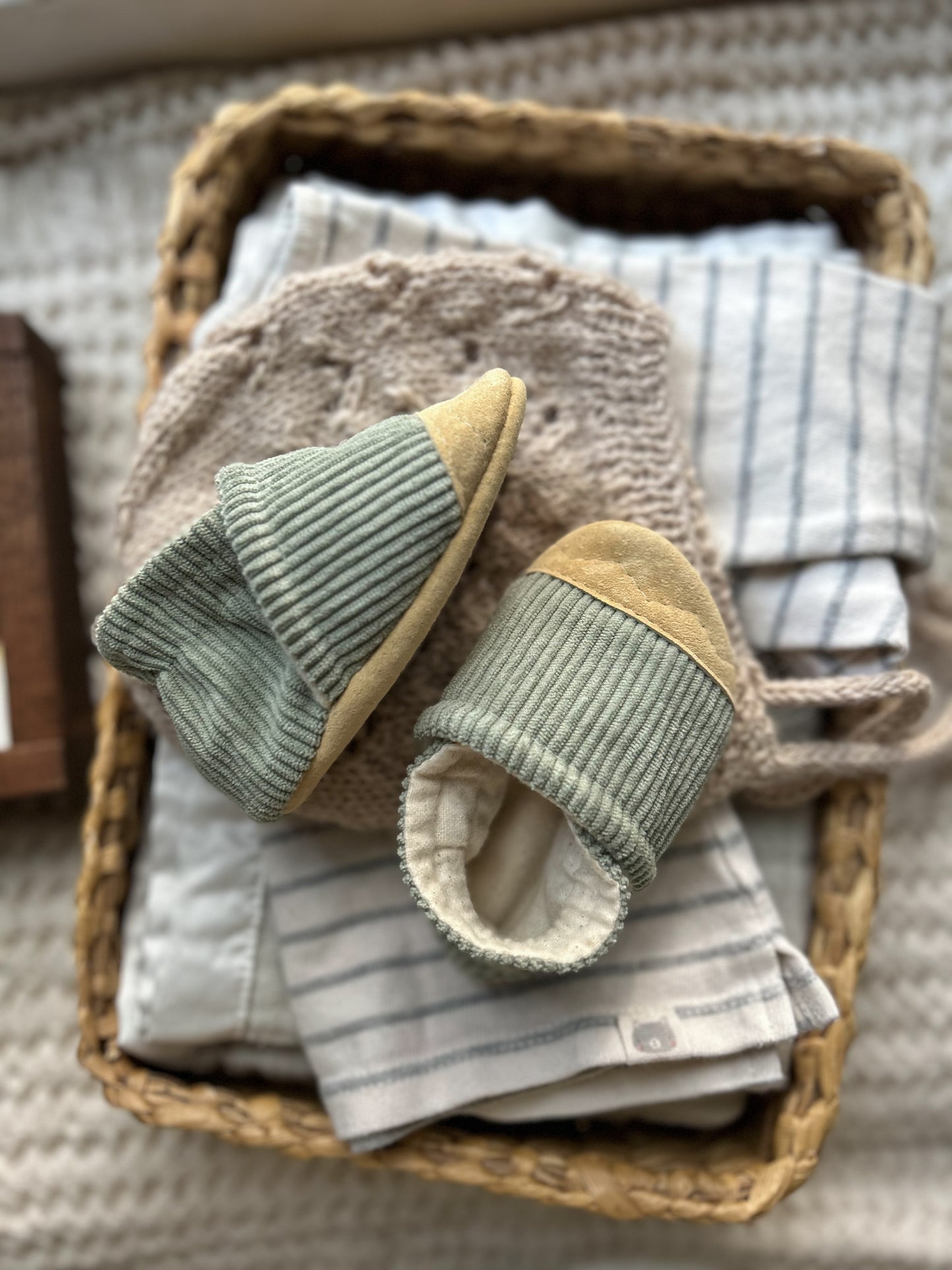 green corduroy soft soled baby shoes - upcycled