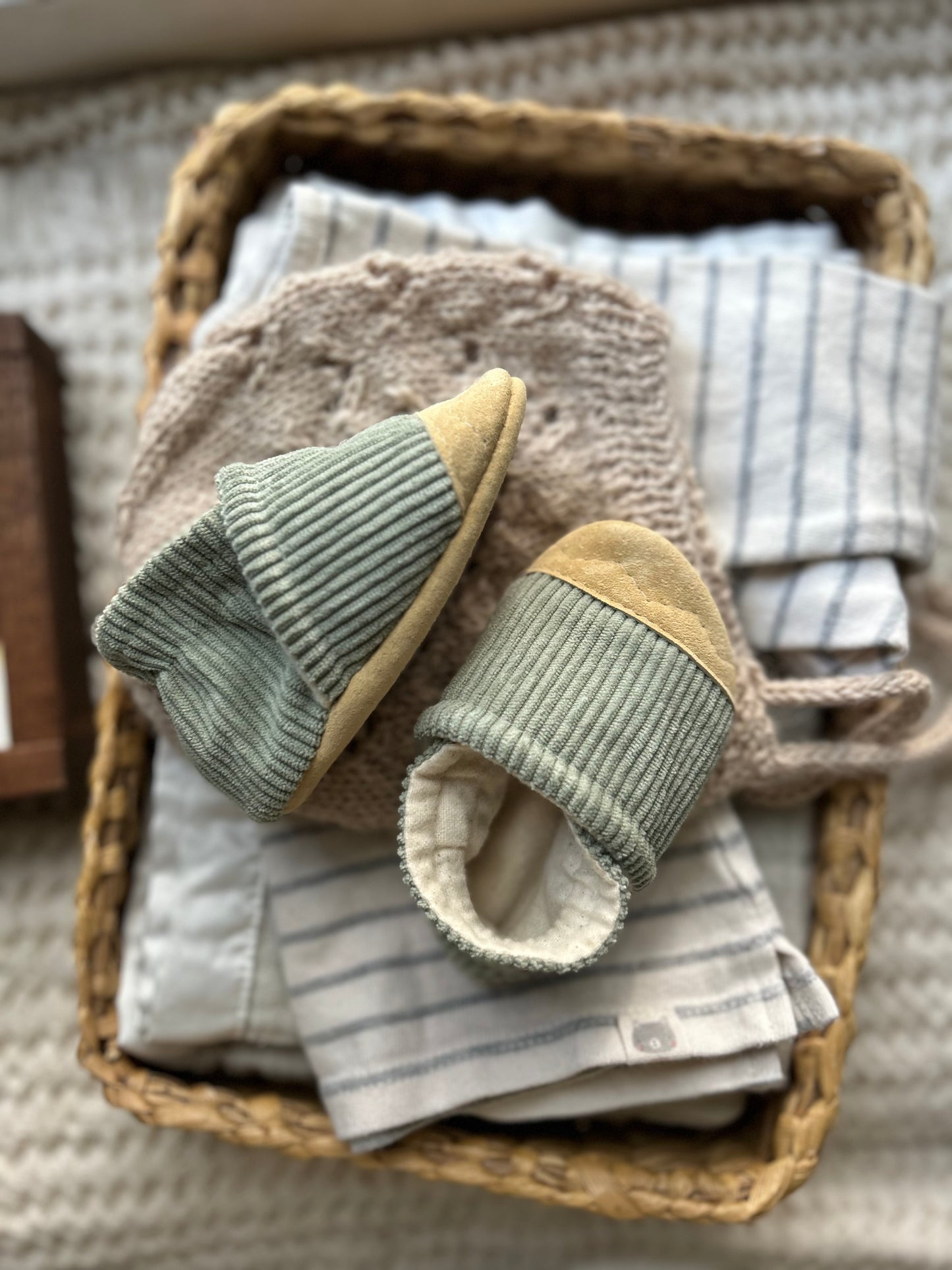 green corduroy soft soled baby shoes - upcycled