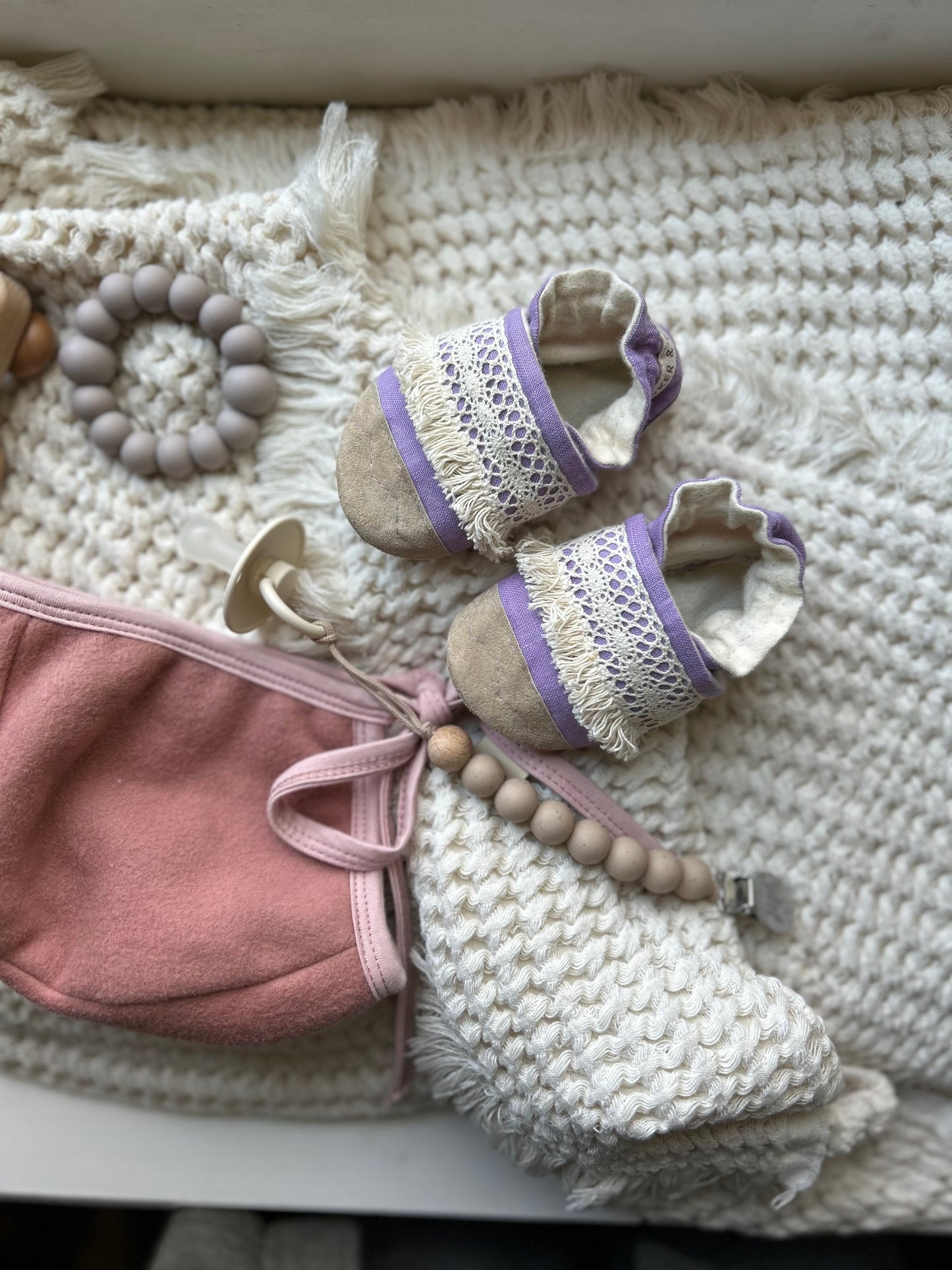 lavender linen soft soled baby shoes upcycled