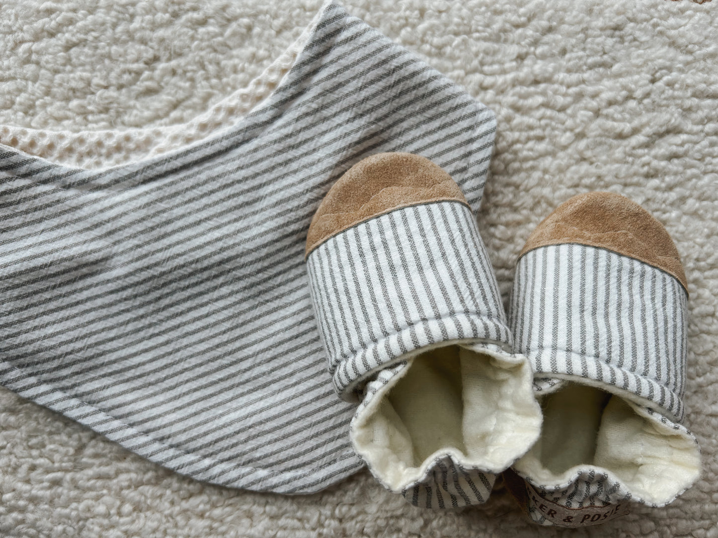 grey stripes linen blend soft soled baby shoes