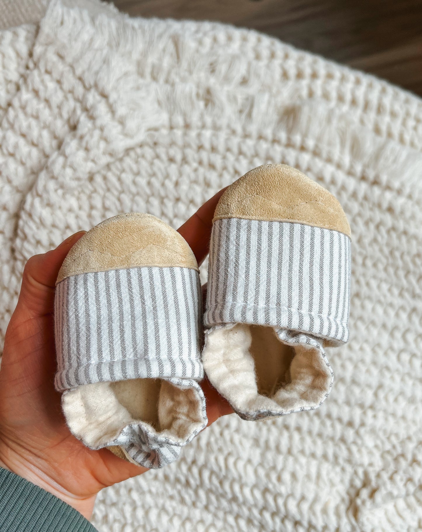 grey stripes linen blend soft soled baby shoes
