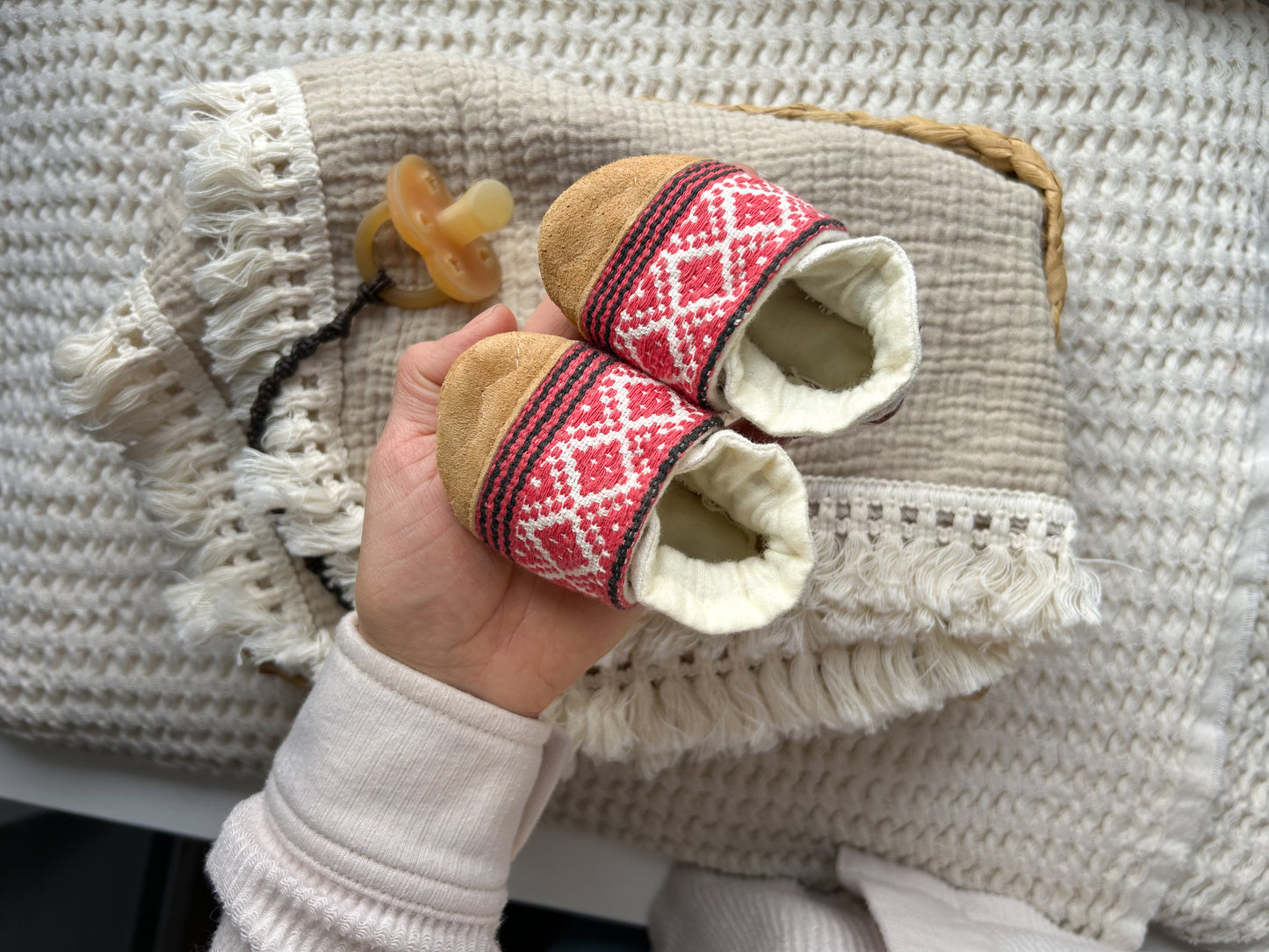 red aztec soft soled baby shoes - upcycled