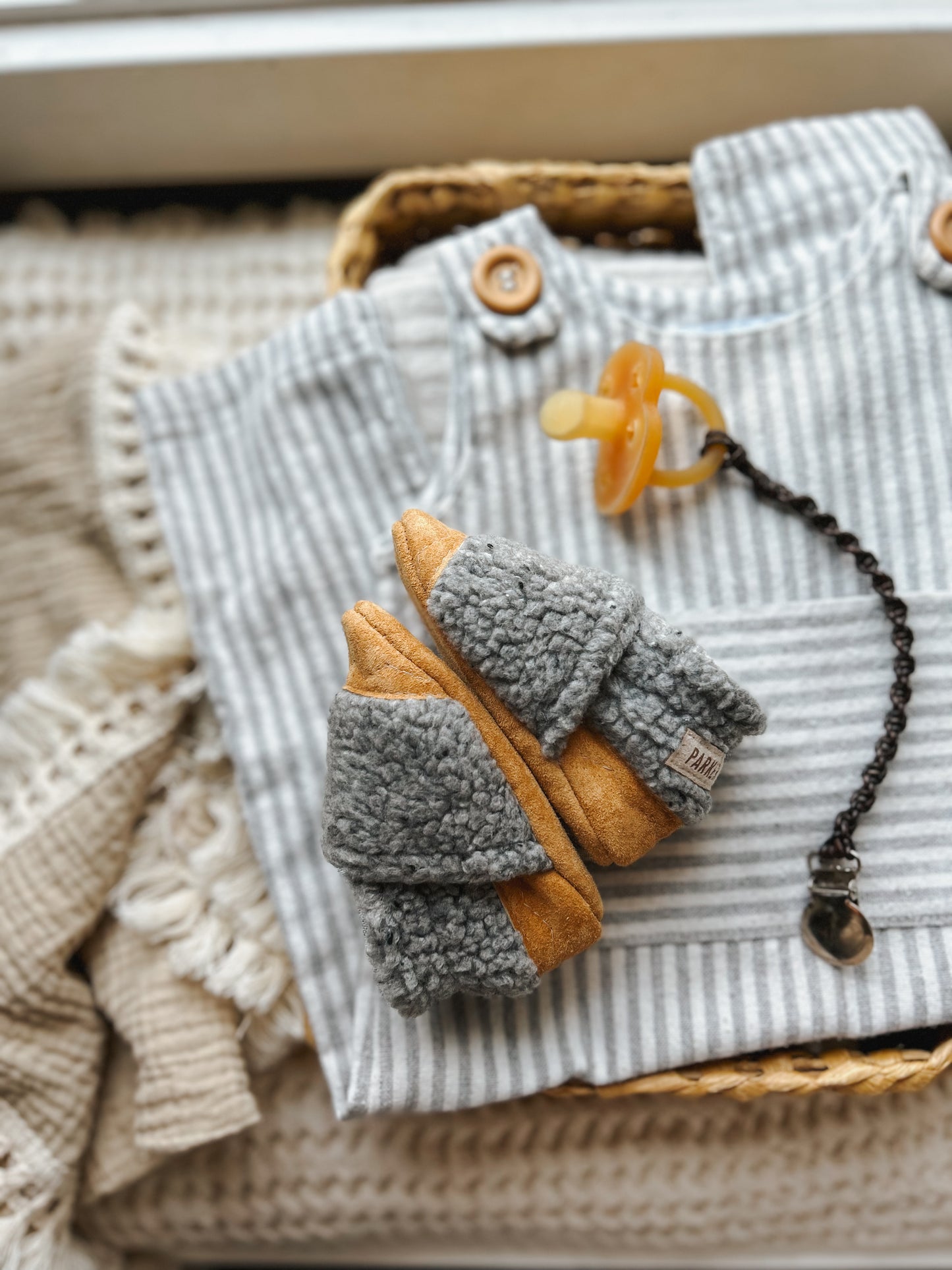 grey teddy soft soled baby shoes - upcycle