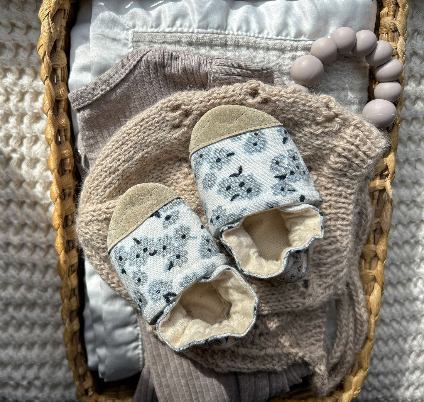blue floral soft soled baby shoes