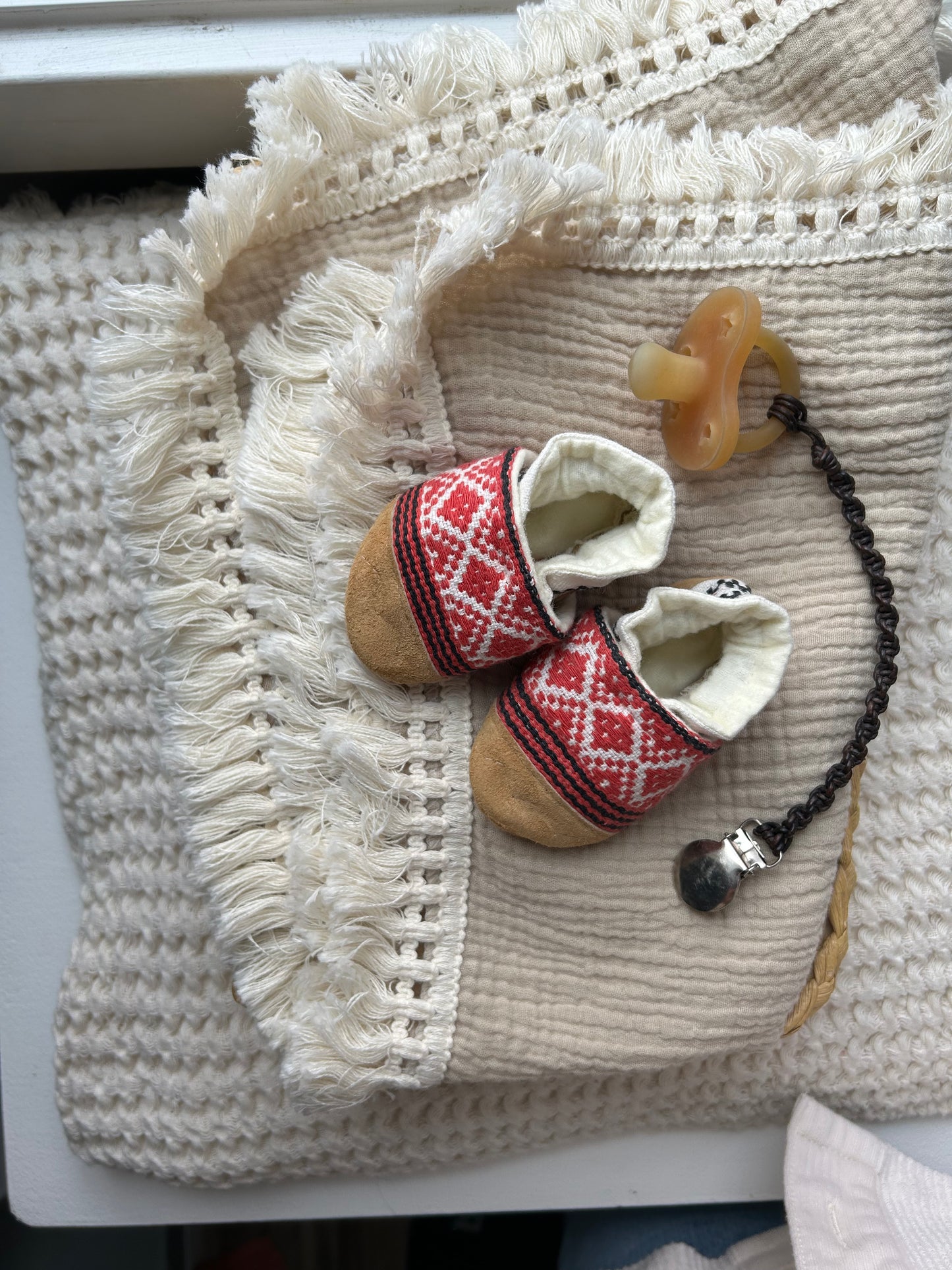 red aztec soft soled baby shoes - upcycled