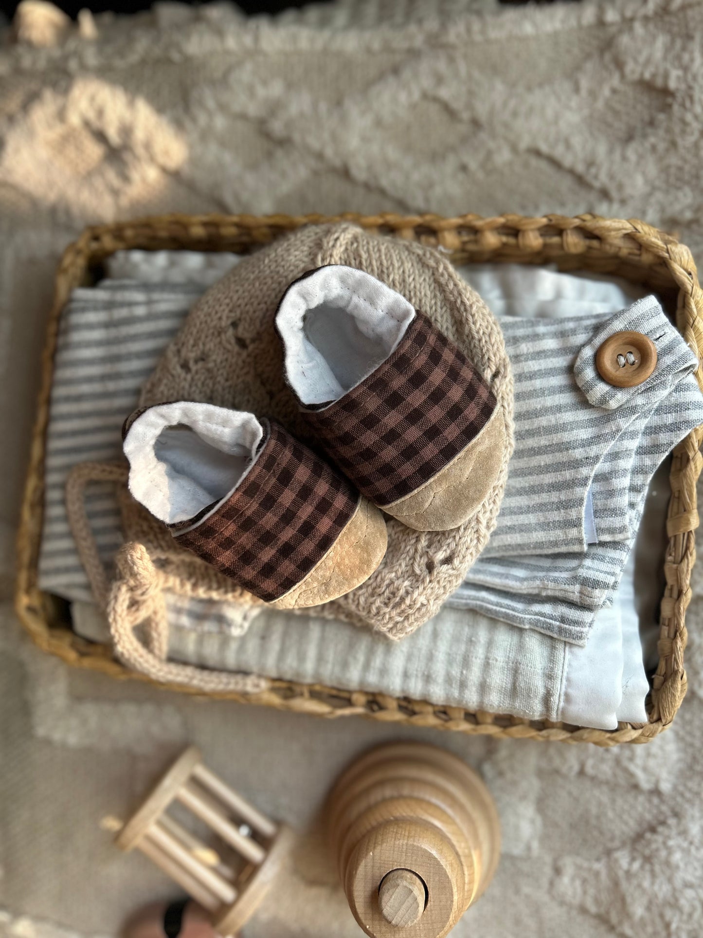 brown gingham soft soled baby shoes