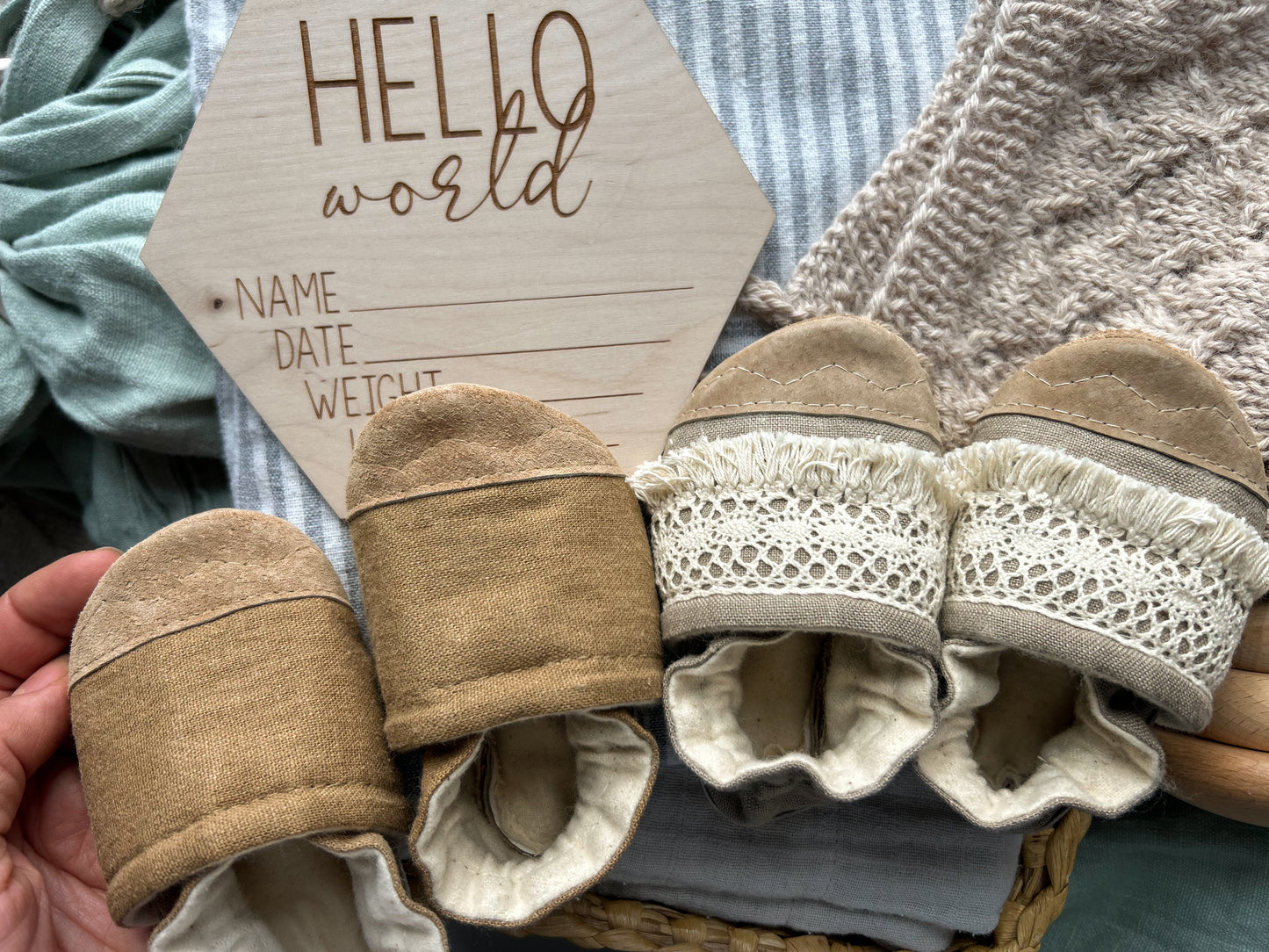 LAST PAIR mushroom linen soft soled baby shoes - upcycled