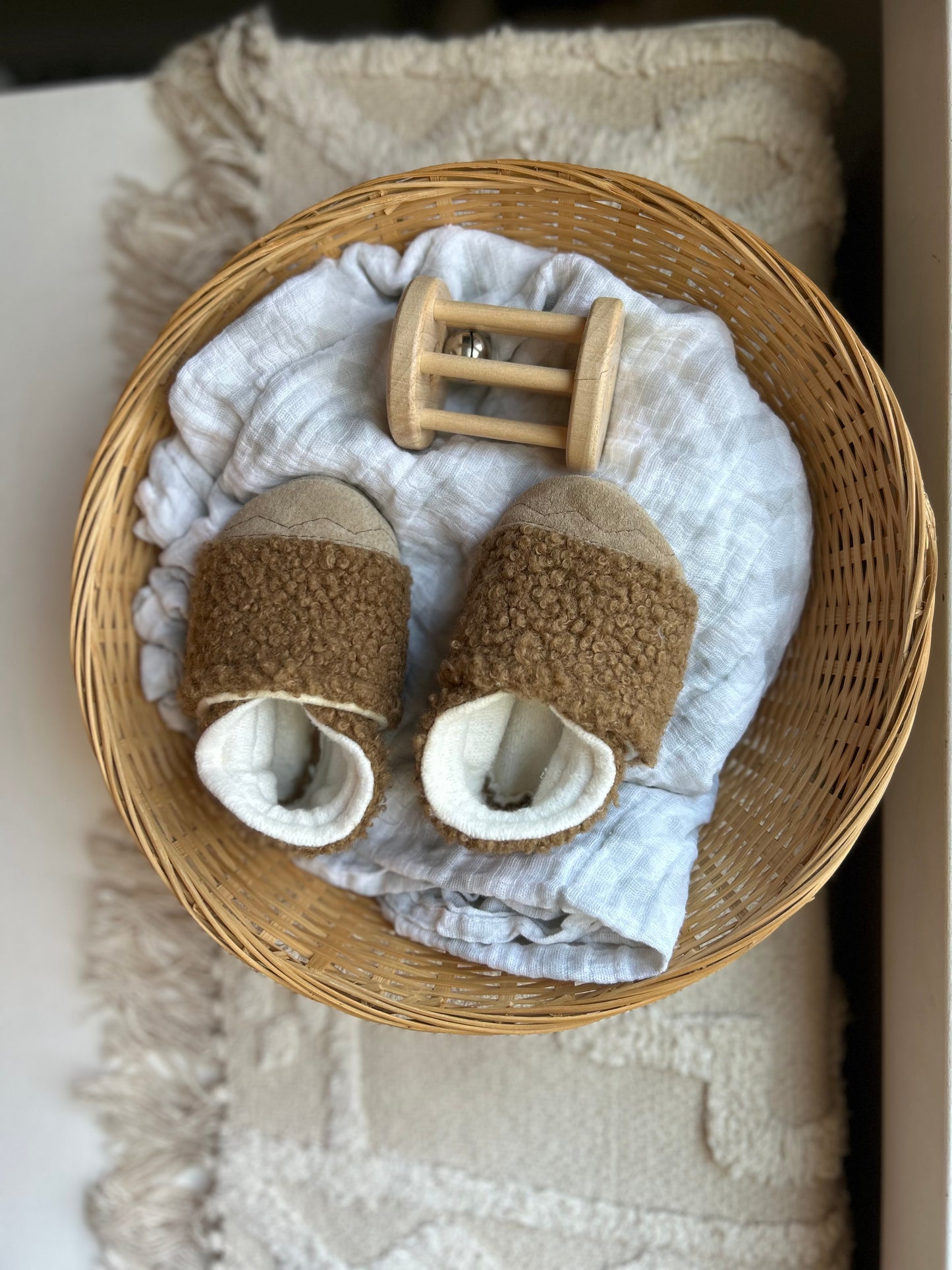 soft brown sherpa soft soled baby shoes - upcycled