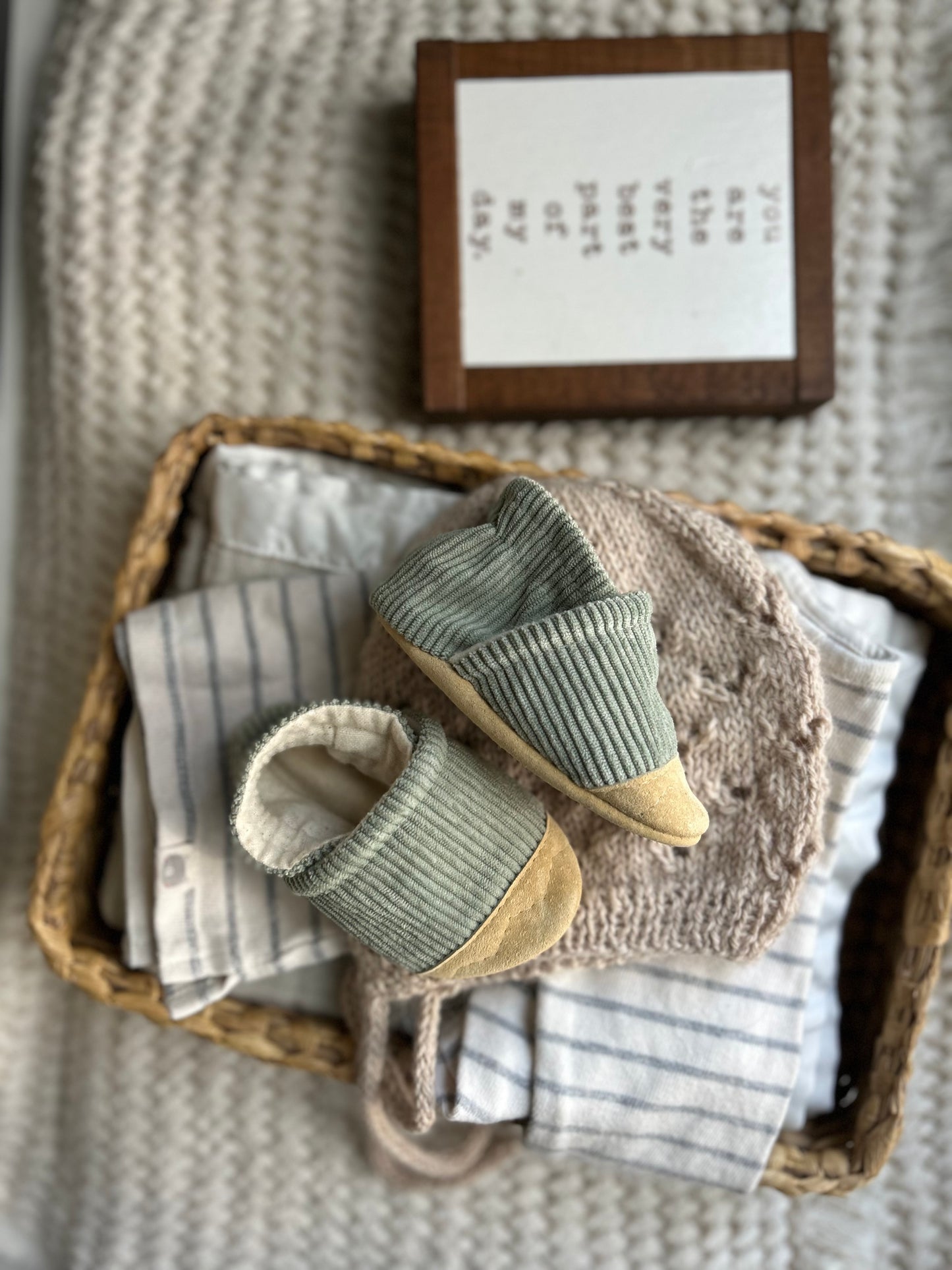 green corduroy soft soled baby shoes - upcycled