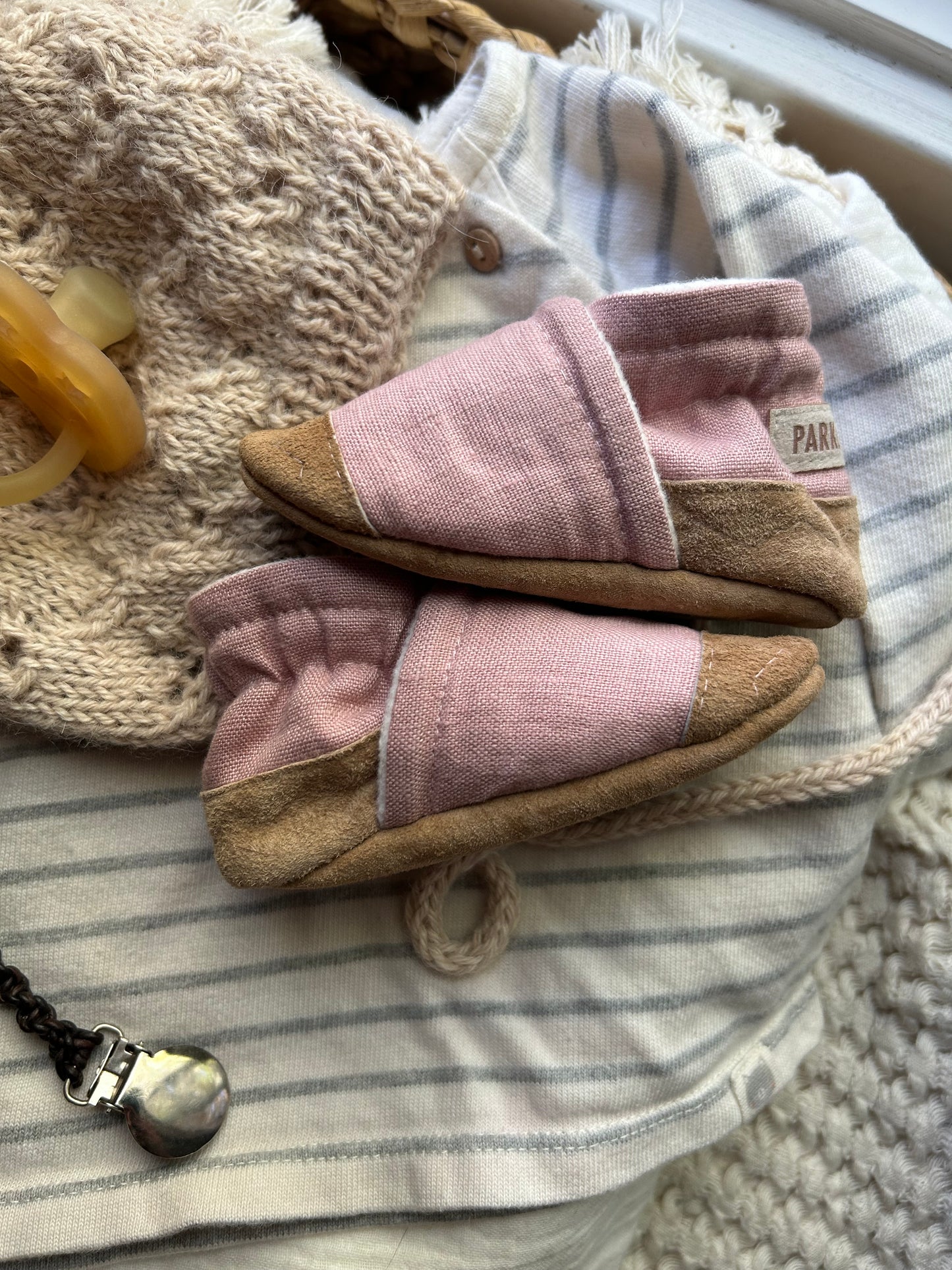 dogwood pink linen soft soled baby shoes - upcycled