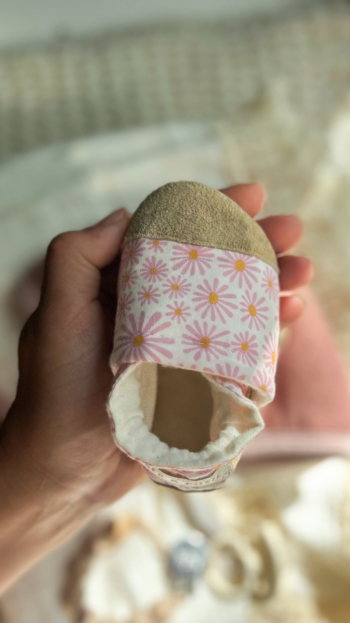 pink daisy soft soled baby shoes - upcycled