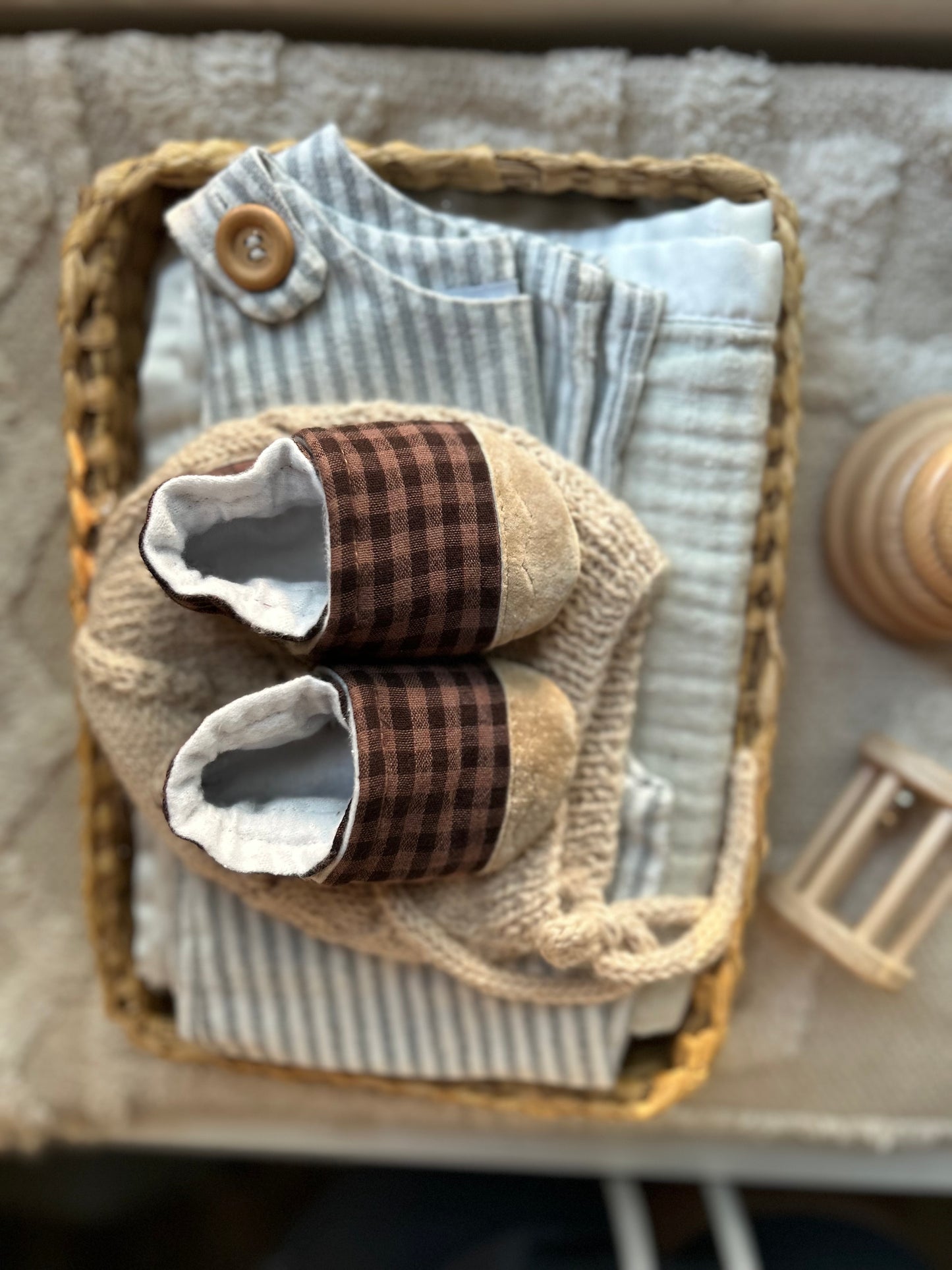 brown gingham soft soled baby shoes
