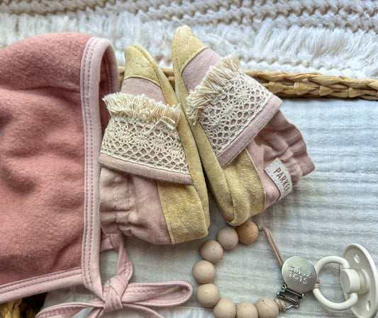 dusty pink linen soft soled baby shoes