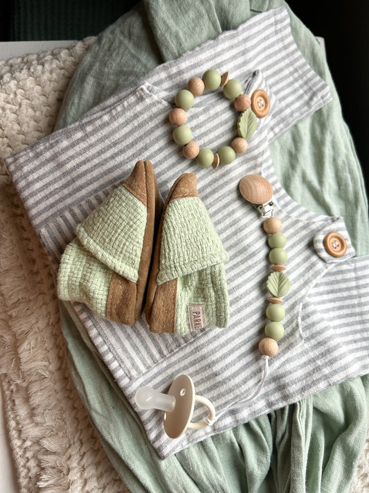 woven green soft soled baby shoes - upcycled