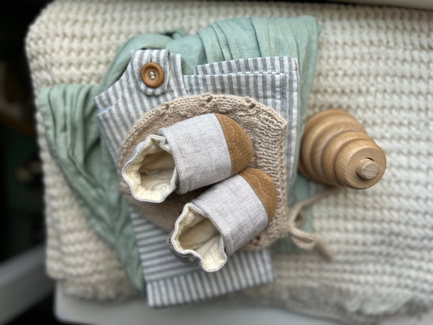 light grey linen soft soled baby shoes - upcycled