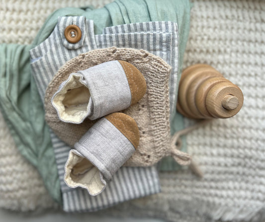 light grey linen soft soled baby shoes - upcycled