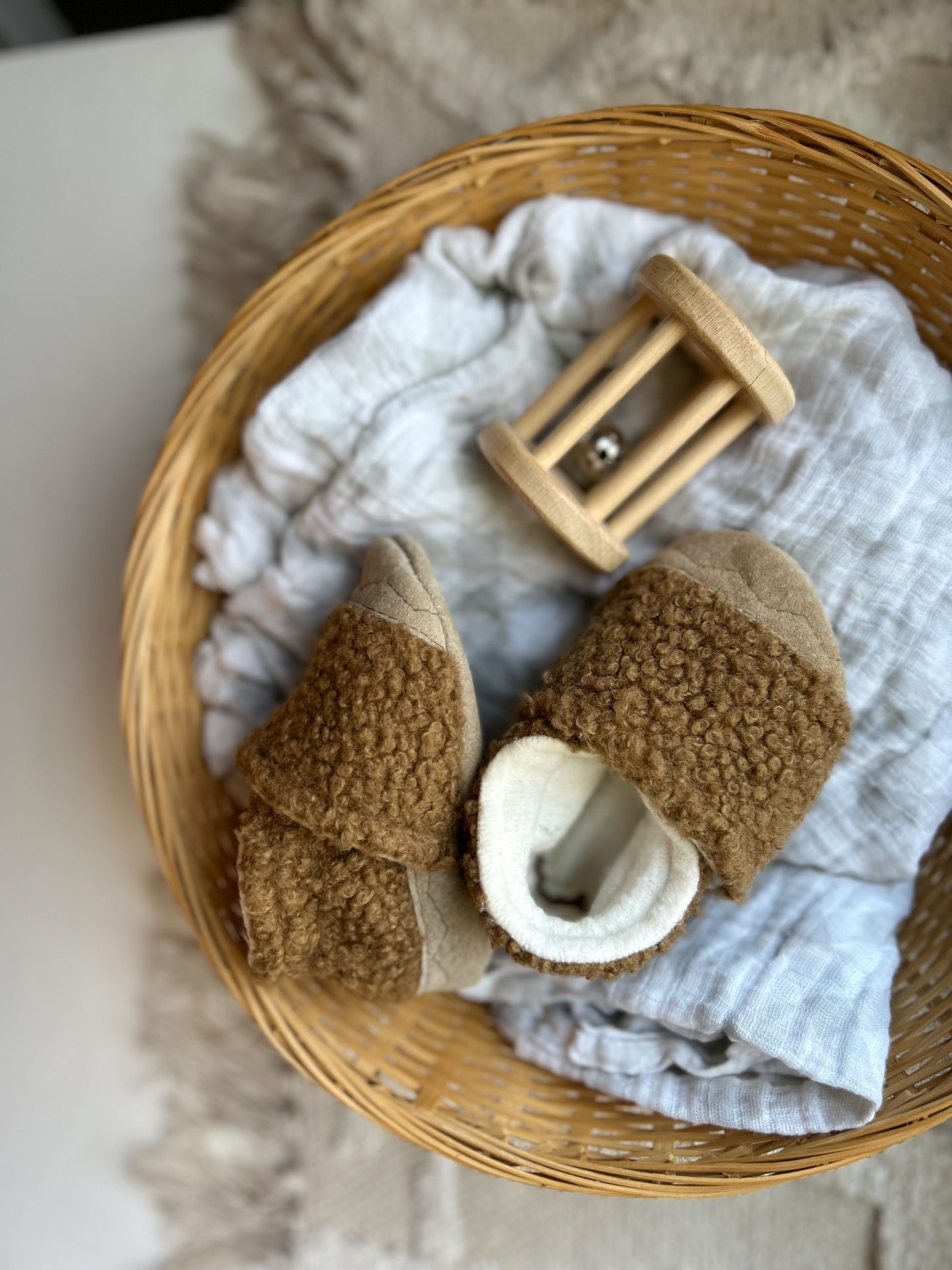 soft brown sherpa soft soled baby shoes - upcycled