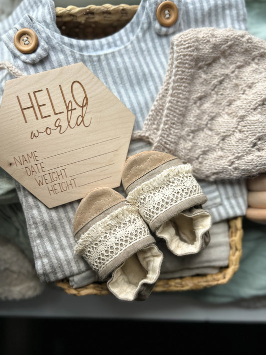 LAST PAIR mushroom linen soft soled baby shoes - upcycled