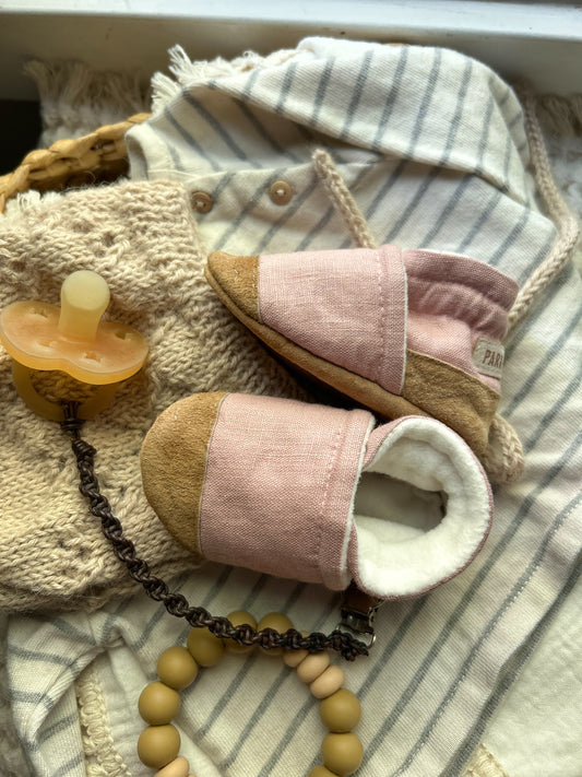 dogwood pink linen soft soled baby shoes - upcycled