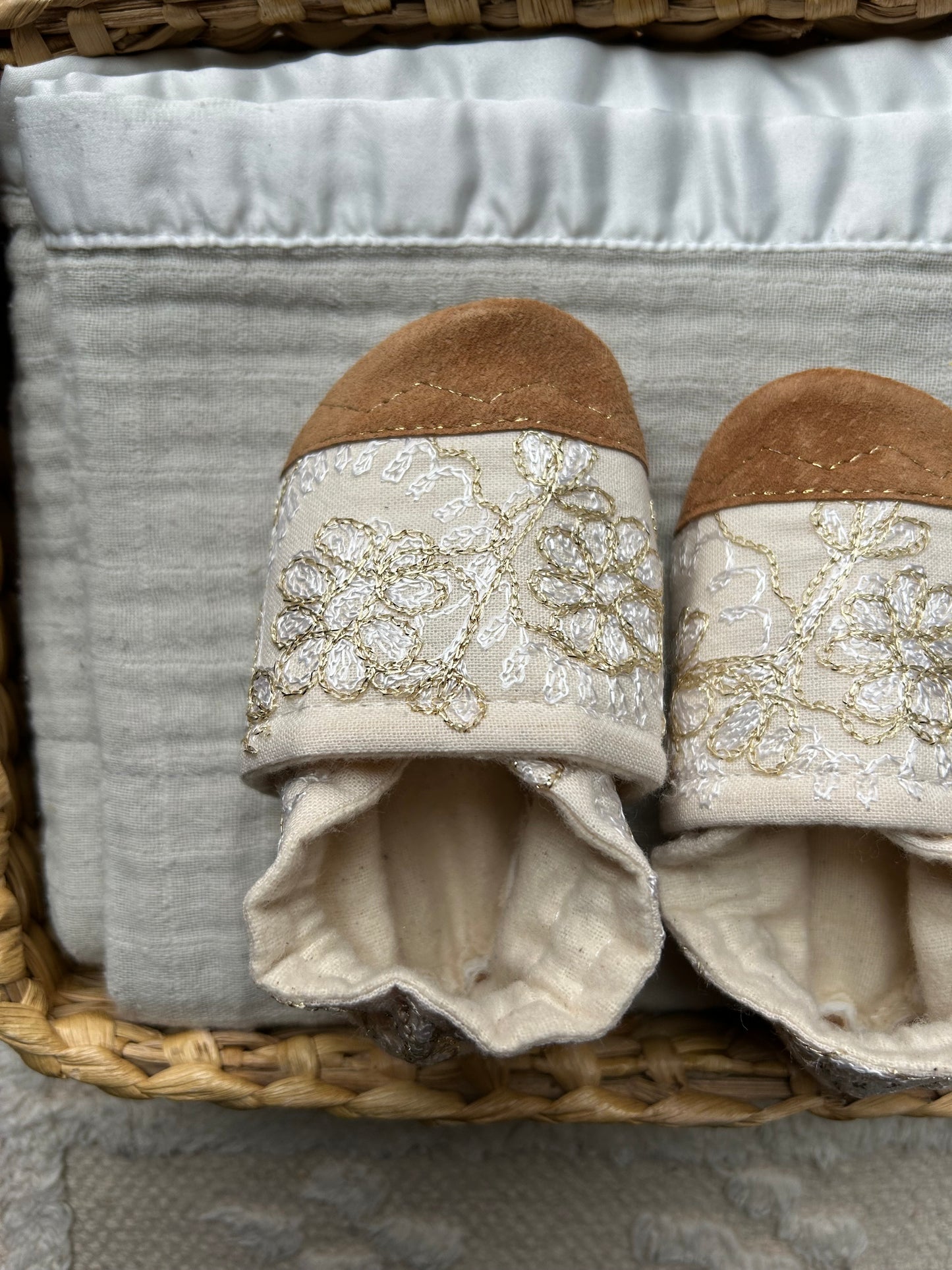golden floral embroidery soft soled baby shoes - upcycled