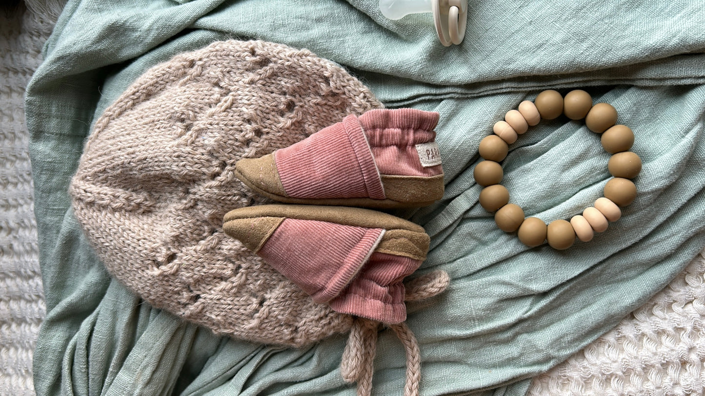 dusty pink corduroy soft soled baby shoes
