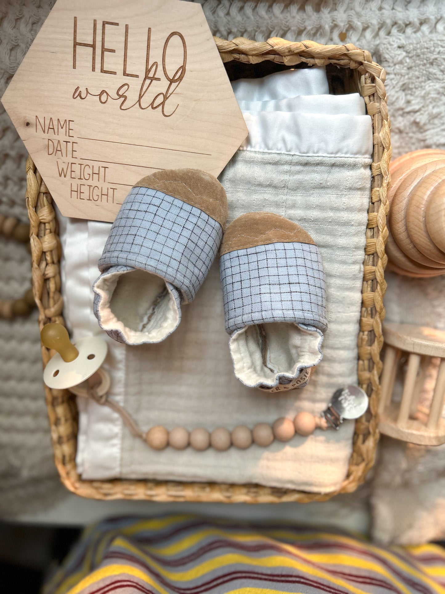 dusty blue grid soft soled baby shoes