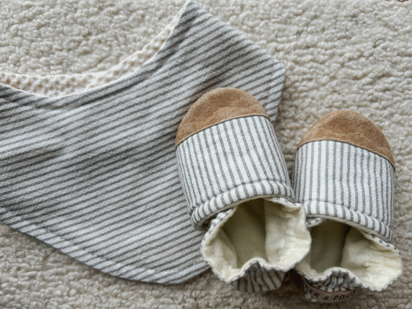 grey stripe linen blend soft soled baby shoes