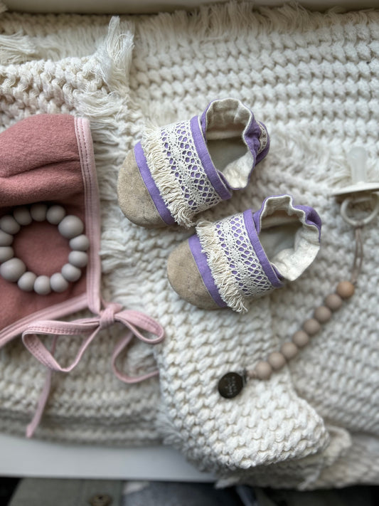 lavender linen soft soled baby shoes upcycled