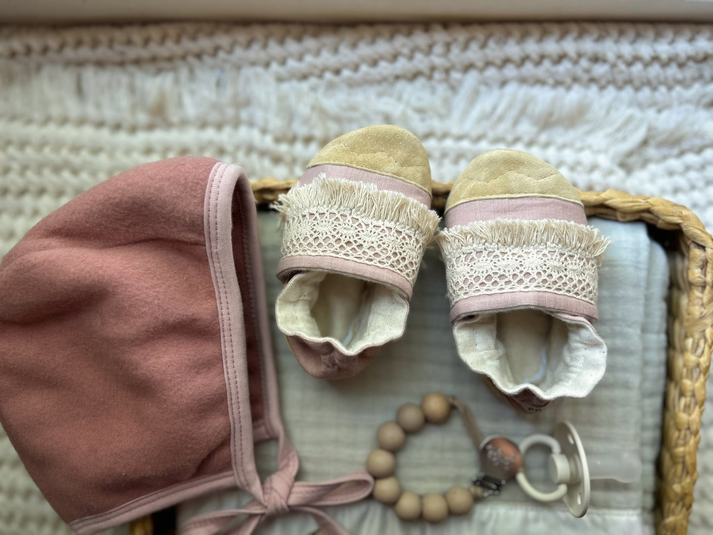 LAST PAIR dusty pink linen soft soled baby shoes