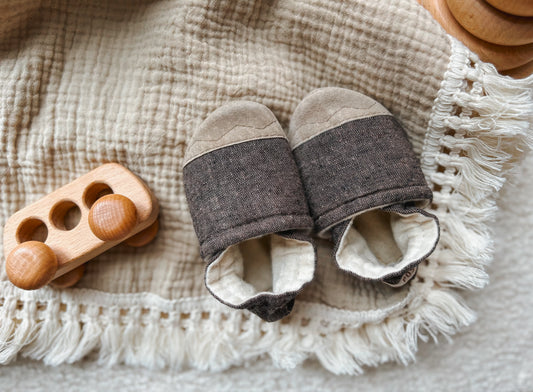 espresso linen blend soft soled baby shoes