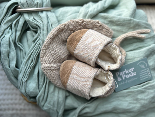 neutral herringbone soft soled baby shoes - upcycled