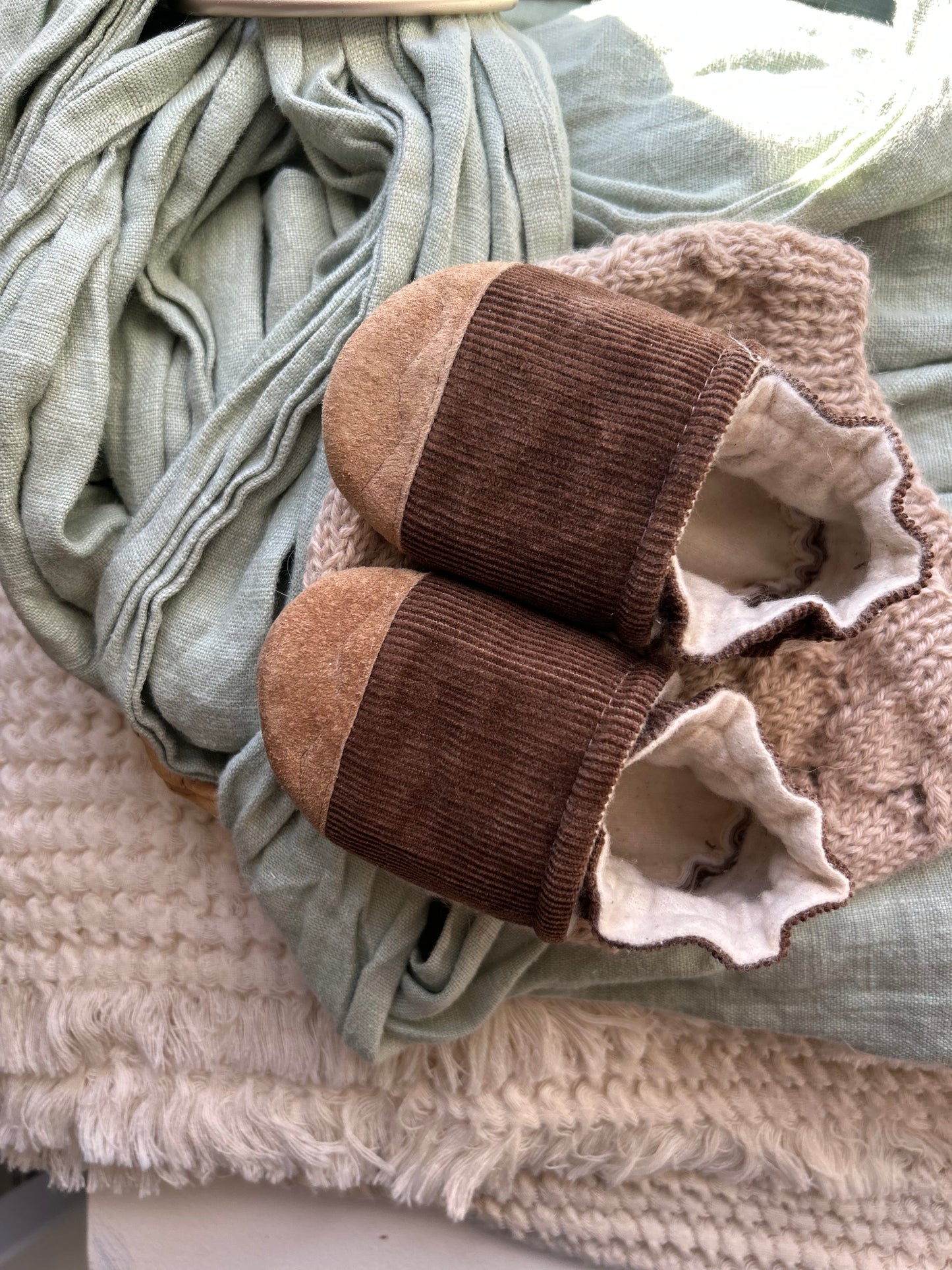 brown corduroy soft soled baby shoes - upcycled