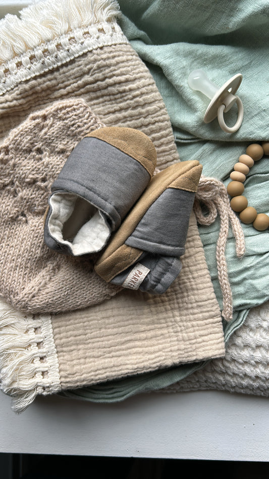 dark grey soft soled baby shoe