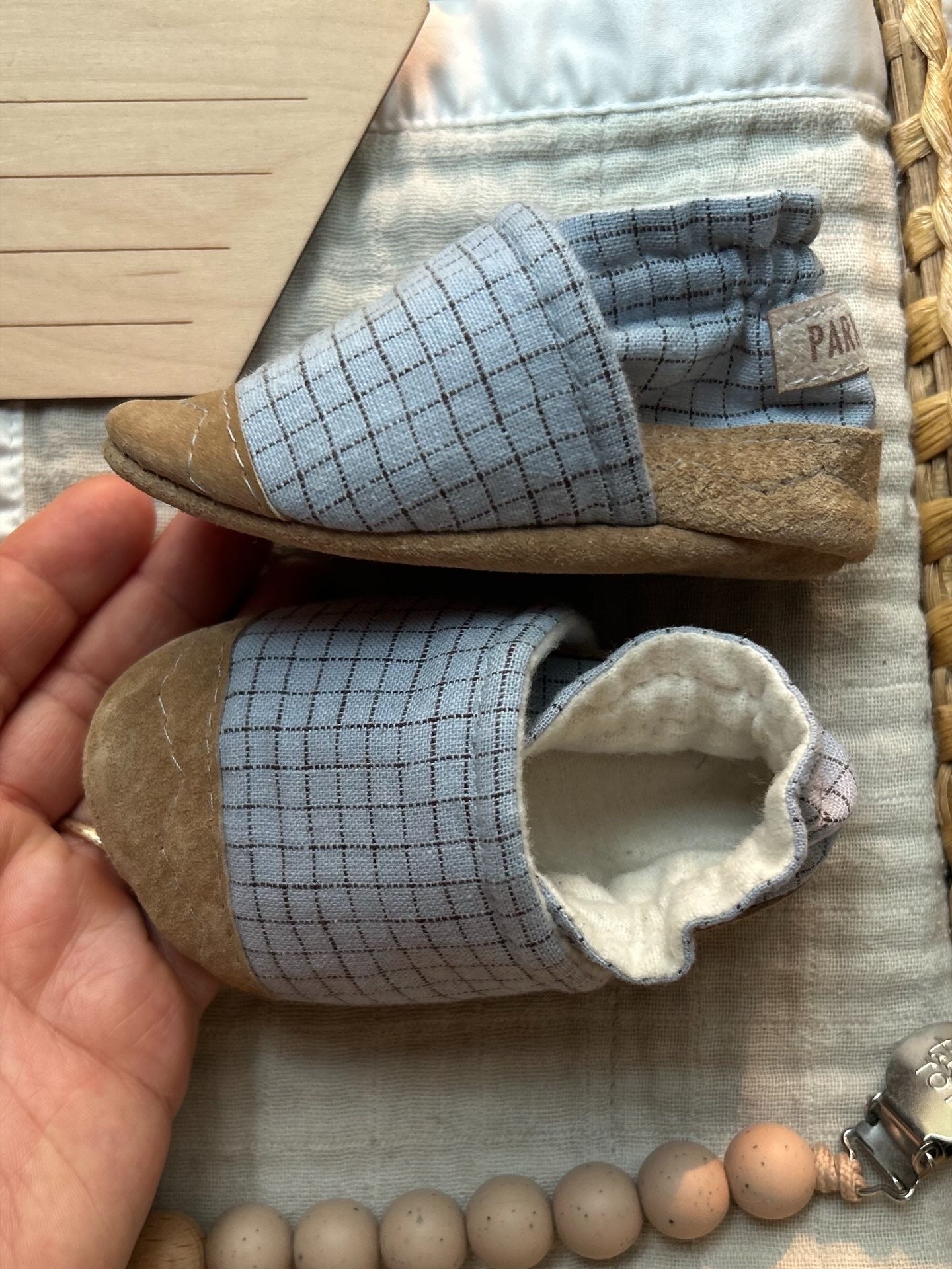 dusty blue grid soft soled baby shoes