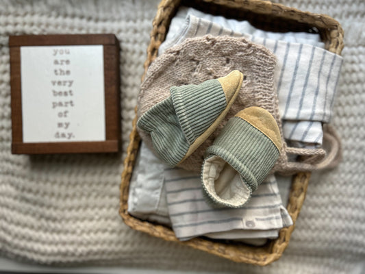 green corduroy soft soled baby shoes - upcycled