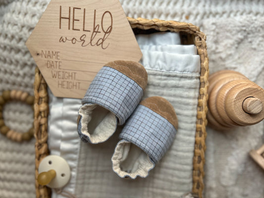 dusty blue grid soft soled baby shoes