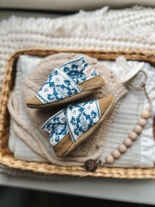 blue embroidery soft soled baby shoes - upcycled