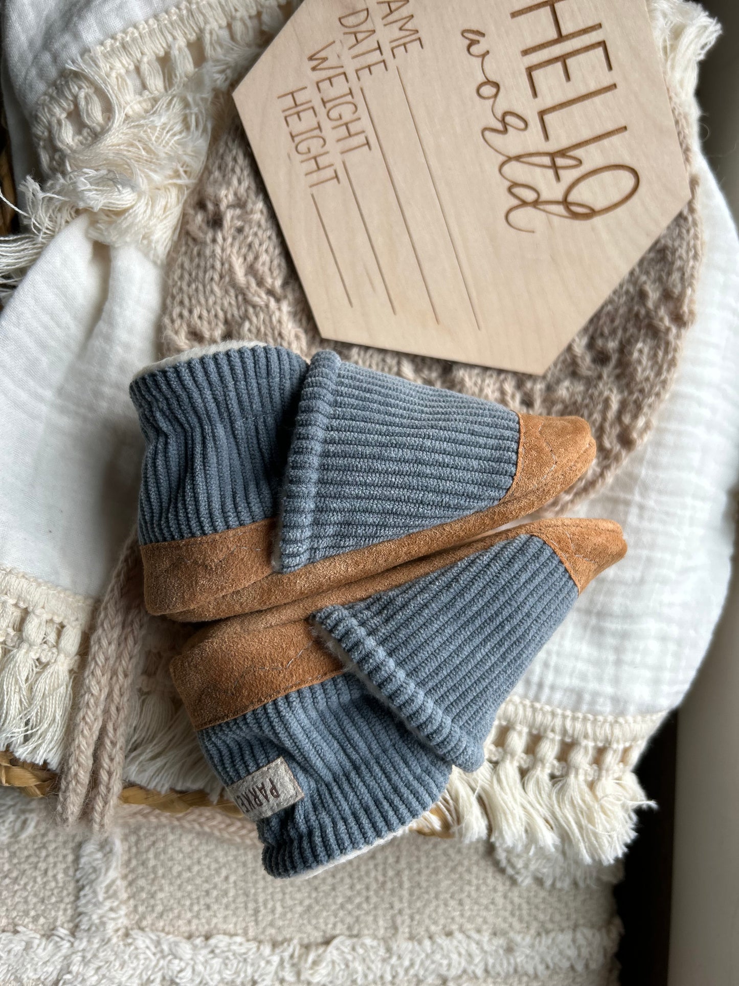 dusty blue corduroy soft soled baby shoes - upcycled