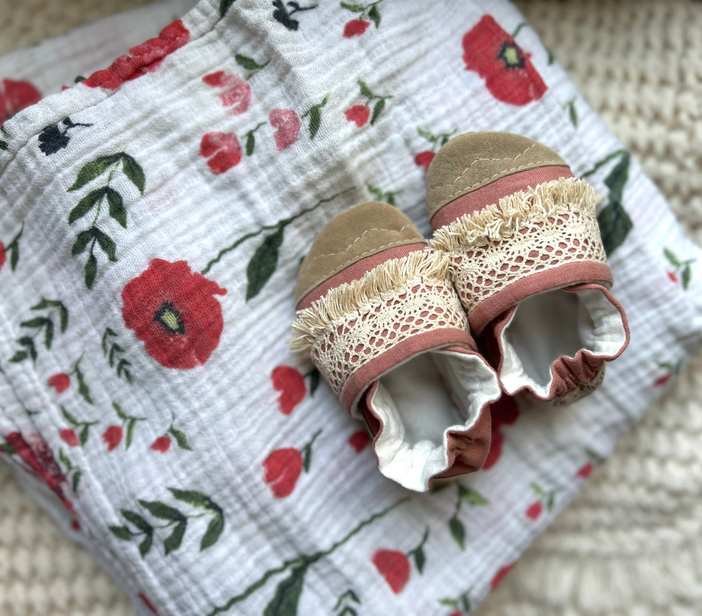 desert coral linen soft soled baby shoes