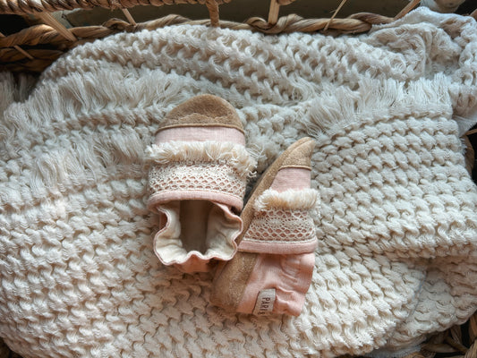 pink avocado dyed linen soft soled baby shoes