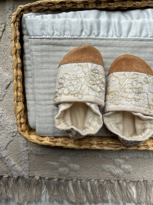 golden floral embroidery soft soled baby shoes - upcycled