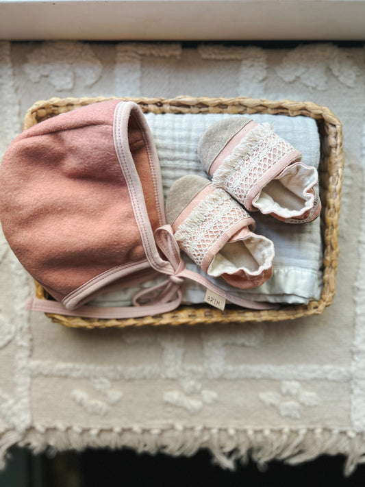 dusty pink linen soft soled baby shoes